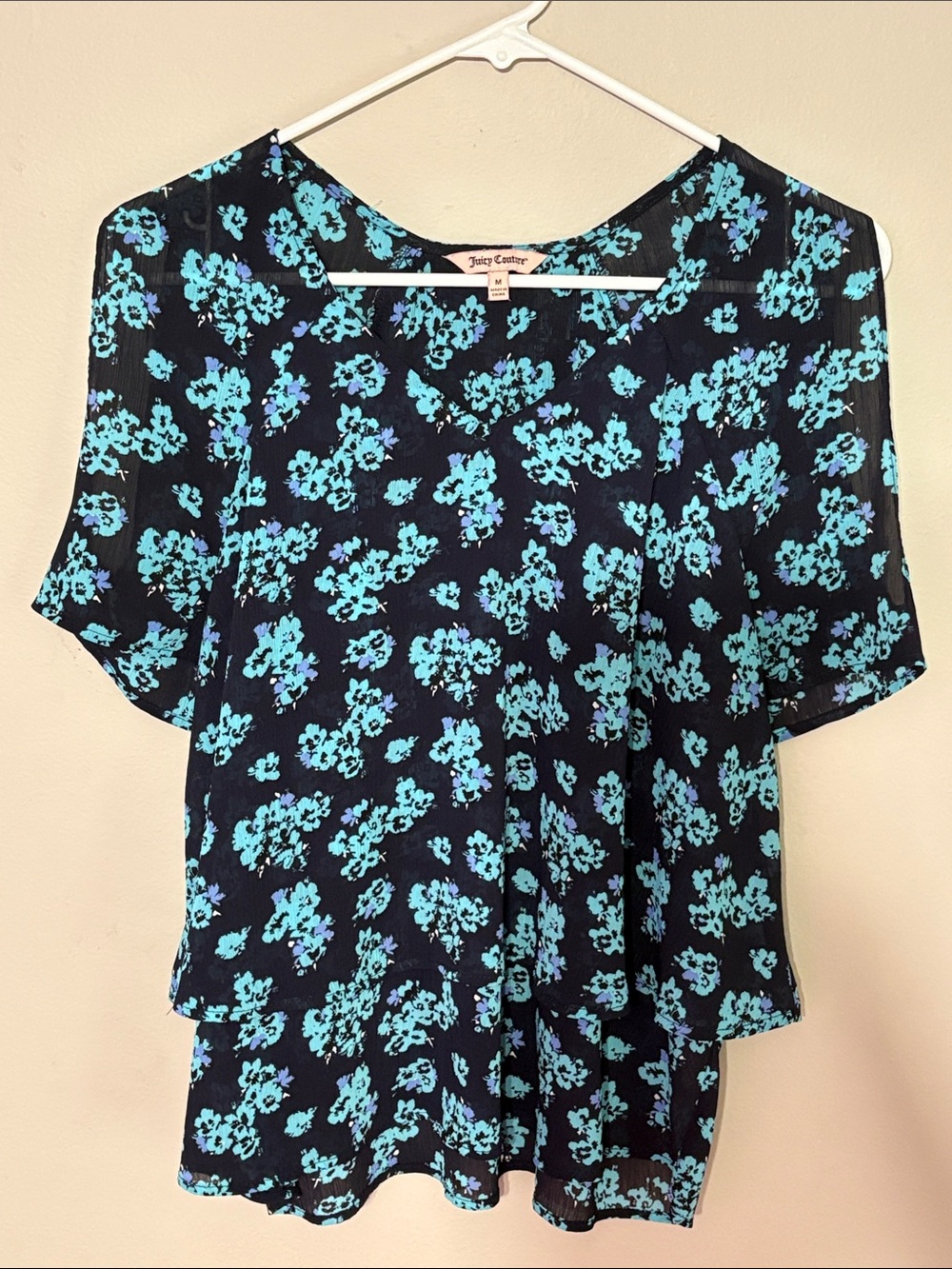 Juicy Couture Navy Blue Blouse with Aqua Floral Print